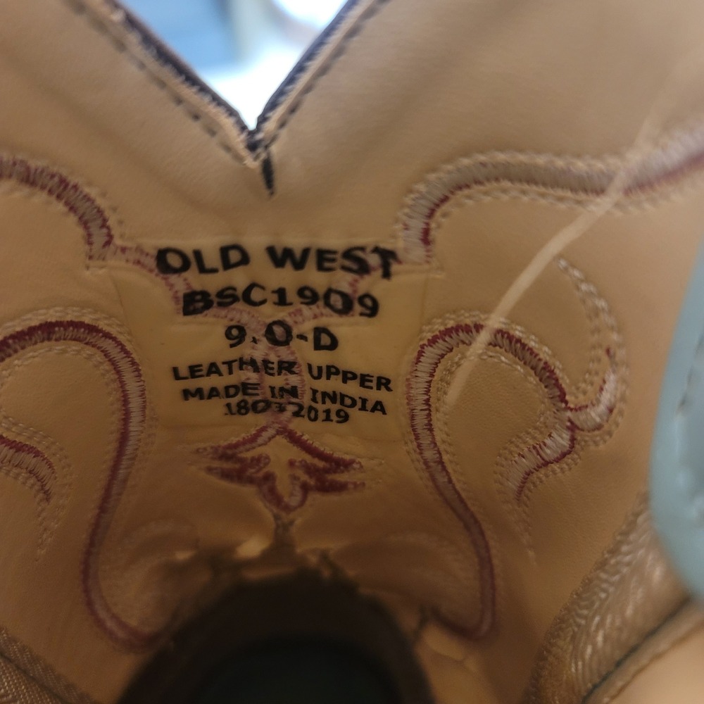 Old West Kids Brown Blue Leather Square Toe Cowboy Cowgirl Boots Size 9.0 D - Picture 6 of 8